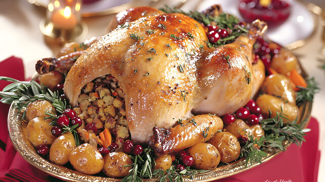 beautifully roasted turkey garnished with herbs and served on platter, surrounded by golden potatoes and cranberries, perfect for festive occasions
