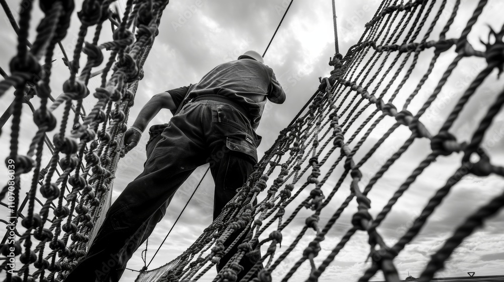 Poster a worker inspecting the netting ensuring that all areas are tightly secured and free of any potentia