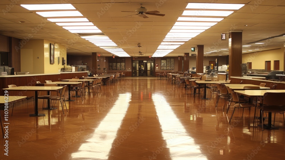 Poster empty dining hall with long rows of tables and polished floor under bright ceiling lights at a commu