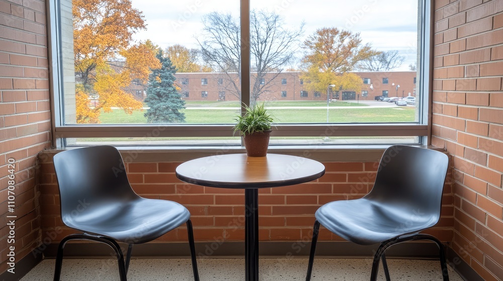 Poster cozy corner with chairs and round table next to window overlooking trees and buildings in autumn col
