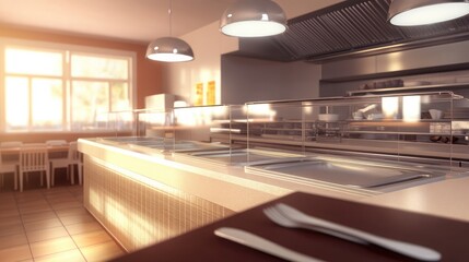 Obraz premium Modern Kitchen Interior Featuring Bright Natural Lighting and Well-Designed Serving Area with Clean Lines and Sleek Appliances in a Contemporary Setting