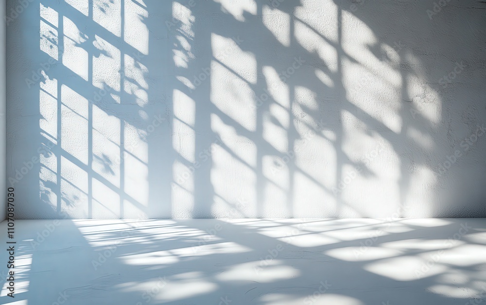 Poster light and shadow play on a textured white wall and floor, creating a minimalist and serene atmospher