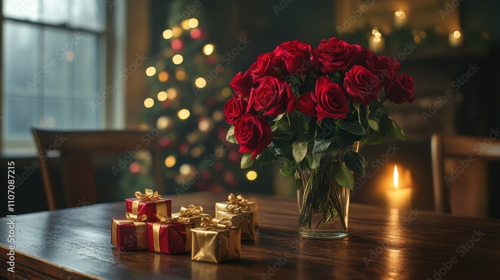 Poster a table with a vase of red roses and a stack of red boxes