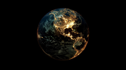 North America network lights glowing on digital Earth globe, USA data connectivity, gold on black background 