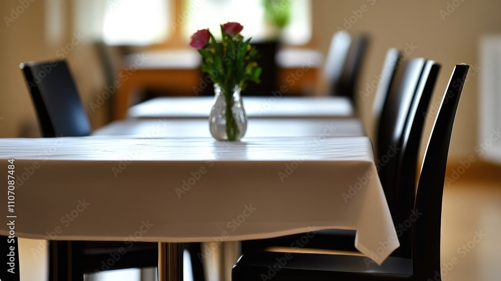 Poster elegant dining space with tables set for a meal featuring a simple flower arrangement in a cozy atmo