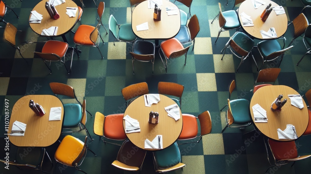 Poster aerial view of colorful round tables and chairs in a cozy restaurant setting with condiment bottles 
