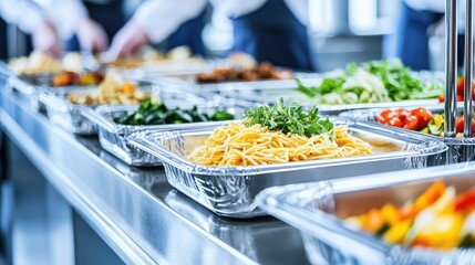 Obraz premium Freshly Prepared Pasta and Vegetables in Catering Trays at a Buffet Setting with Chefs Serving in the Background, Highlighting Culinary Presentation and Hospitality