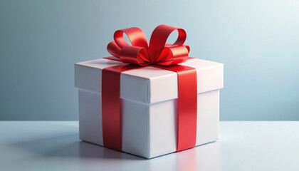 Obraz premium Elegant white gift box with red ribbon, symbolizing surprise and joy, against a soft blue background