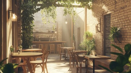 Tranquil Rustic Cafe Interior Bathed in Soft Natural Light with Lush Greenery and Inviting Wooden Furniture Ideal for a Cozy Dining Experience