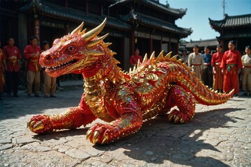 Fototapeta premium Majestic dragon costume on display during a cultural festival with performers in the background