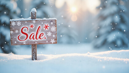 Wooden sale sign decorated with snowflakes, promoting winter discounts in a snowy landscape with soft sunlight 