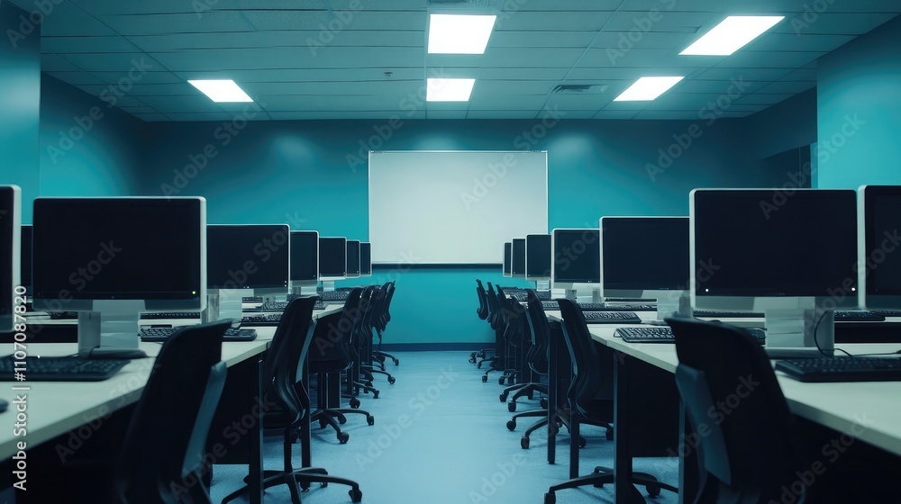Poster modern computer lab with multiple desks and monitors featuring empty workstations in a blue color sc