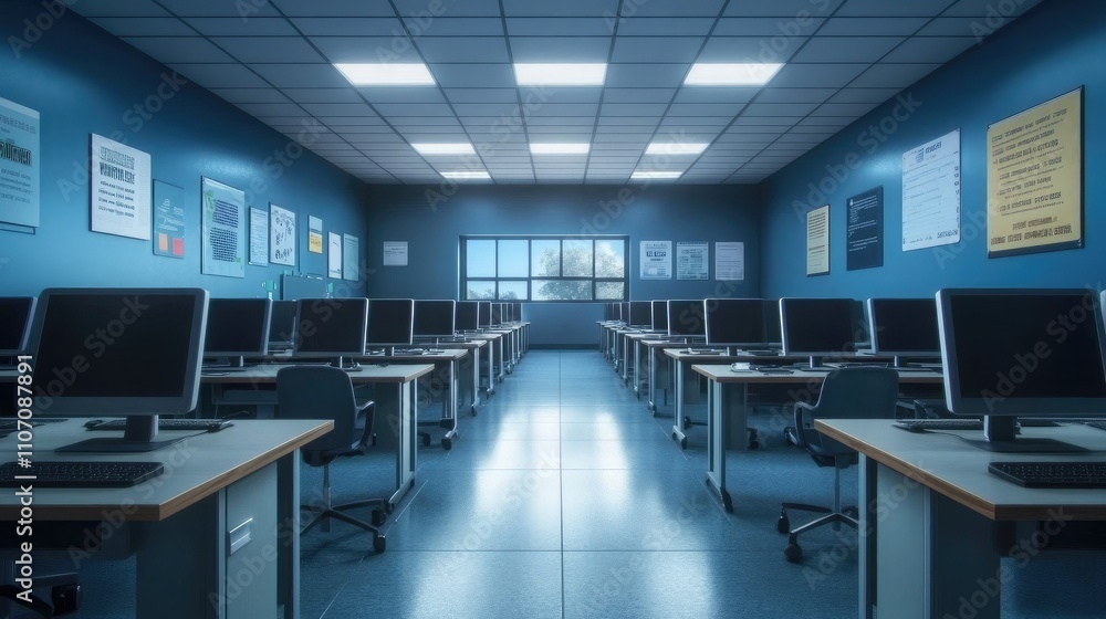 Poster modern classroom setting with computer desks and informative posters on walls, featuring bright ligh
