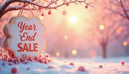 Festive "Year End Sale" sign with decorative berries in snowy landscape at sunset
