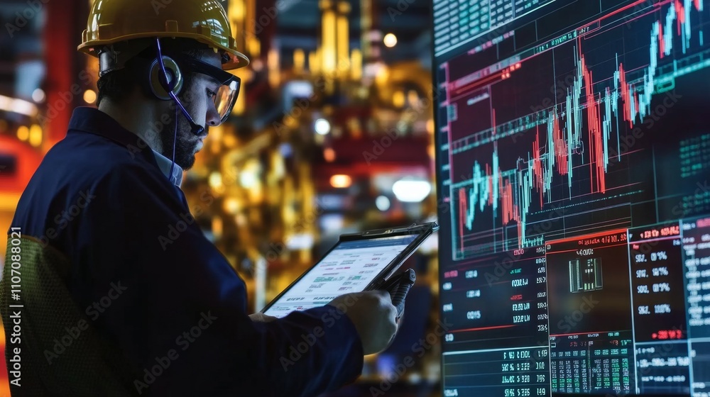 Poster trader analyzing oil stock performance with digital tablet technology