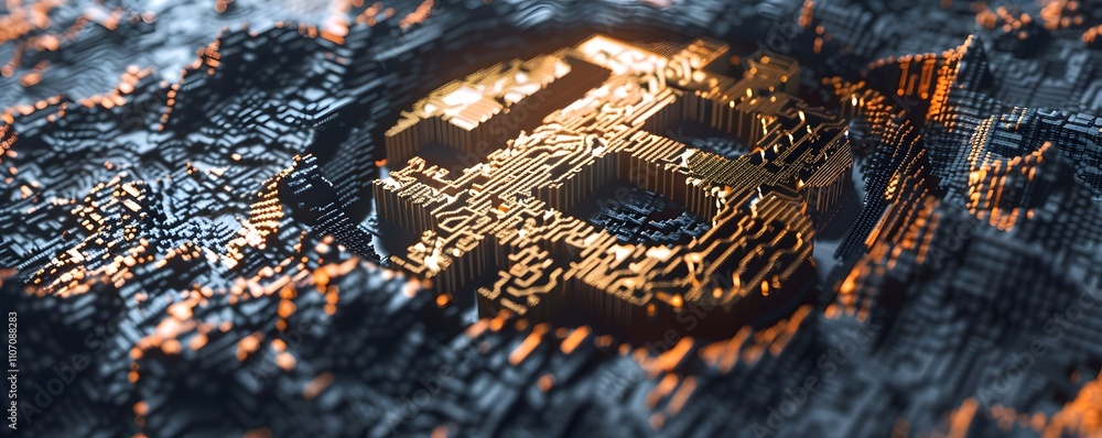 Poster bitcoin symbol embedded in digital circuitry landscape
