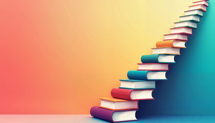 Colorful books arranged as a staircase on a vibrant gradient background