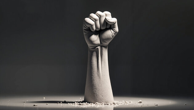 Rising stone fist sculpture symbolizing strength and resilience on dark background