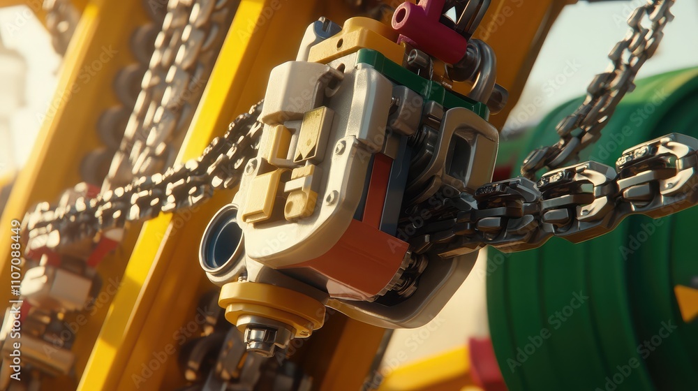 Poster close-up view of industrial mechanism in a bright environment, featuring chains, gears, and colorful