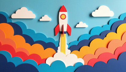 Playful paper rocket launching through clouds in a colorful sky with a blue background in an artistic style