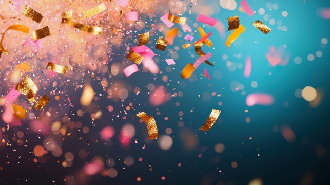 Colorful Confetti Explosions A shower of metallic confetti raining down on a cheering crowd, capturing the energy and excitement of a concert or sporting event.