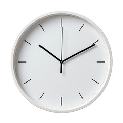 Sleek and modern white wall clock with minimalist black hour and minute hands. Isolated on transparent or white background.