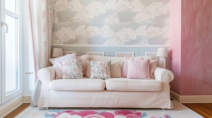 Cozy living room with a light pink sofa and cloud-patterned wallpaper.