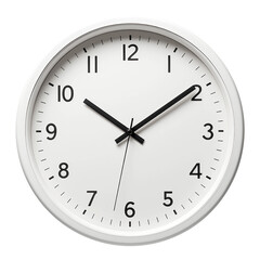 White analog wall clock with black hour and minute hands, showcasing a clean and modern design with numbers on its face. Isolated on transparent or white background.