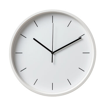 Sleek and modern white wall clock with minimalist black hour and minute hands. Isolated on transparent or white background.