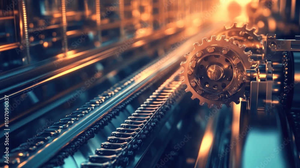 Poster abstract close-up of metallic gears and chains intertwined in an industrial machine setting, highlig