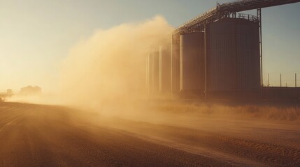 Obraz premium Dusty Sunset Over Grain Silos in Rural Landscape, Capturing the Serenity and Industrial Harmony of Agriculture with Sunlight Casting Glorious Shadows and Warm Tones