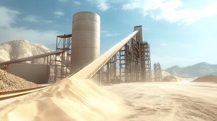 Obraz premium Industrial Landscape Featuring Conveyor Belt System and Cement Silos Set Against a Beautiful Sky in a Remote Quarry Environment