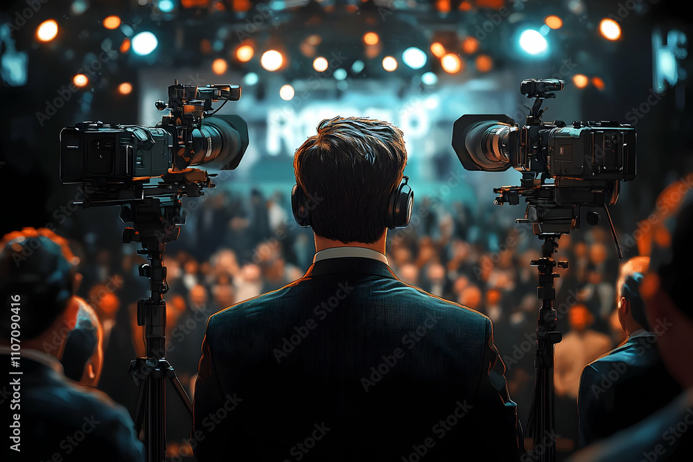 Poster A person in a suit stands before a crowd, flanked by cameras, capturing a significant event.