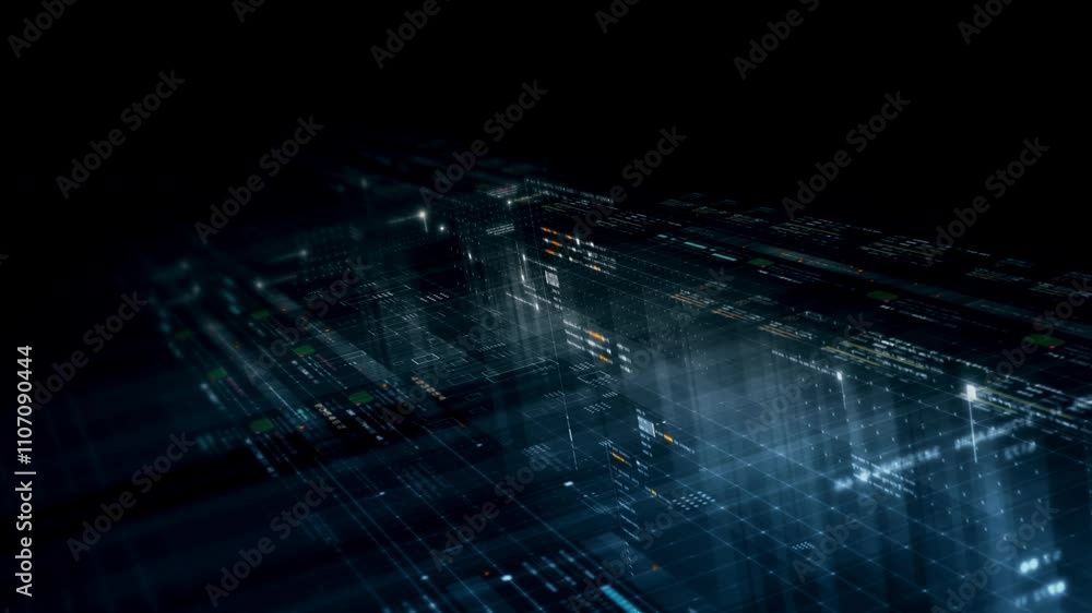 Poster Futuristic network simulation blending AI, quantum physics, and deep learning, with a particle matrix analyzing data in a sleek, HUD-style interface