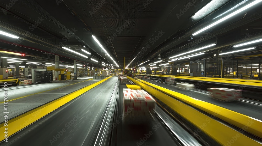 Poster industrial warehouse conveyor system in motion with packages transporting on automated track under b