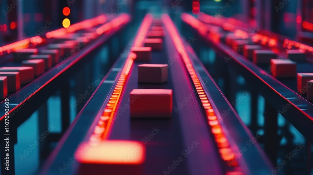 Aufkleber futuristic conveyor belt system with illuminated elements in a modern warehouse environment, showcas