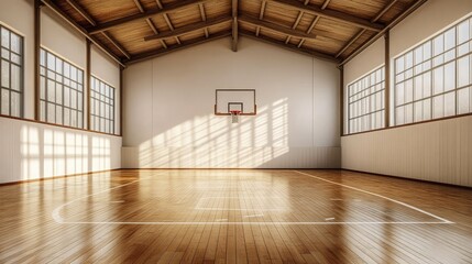Obraz premium Bright and Spacious Indoor Basketball Court with Wooden Floor and High Ceilings, Perfect for Sports, Games, and Training Sessions in a Professional Environment