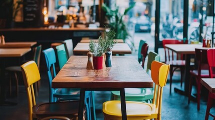 Colorful and Vibrant Cafe Interior with Wooden Tables and Multicolored Chairs in a Bright Urban Setting, Perfect for Cozy Dining Experiences