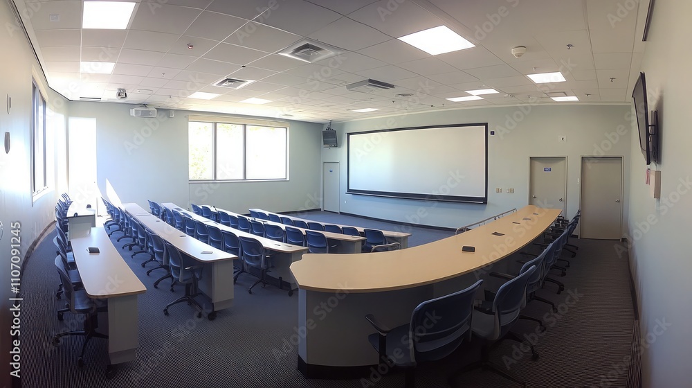 Poster spacious and modern lecture hall with rows of comfortable seating and high-quality av equipment for 
