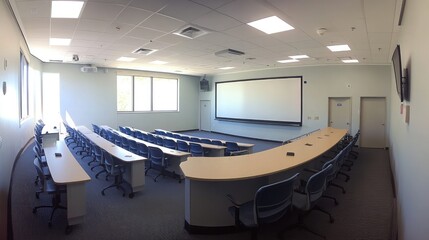 Spacious and Modern Lecture Hall with Rows of Comfortable Seating and High-Quality AV Equipment for Educational Presentations and Workshops