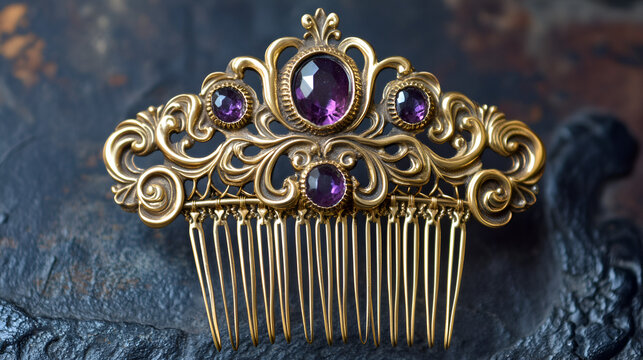 gold hairpin comb and purpal ston  and purpal background ,ai generative