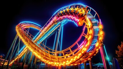 Vibrant Nighttime Roller Coaster Ride with Colorful Neon Lights and Thrilling Loops Captivating Young Audiences at an Amusement Park Experience