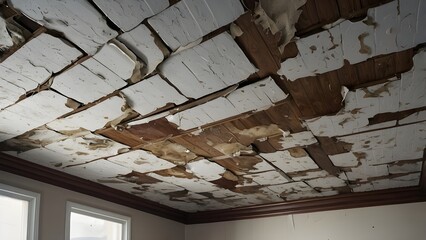 Blank Water damaged ceiling with peeling paint photorealistic illustration highlihting home maintenance challenges