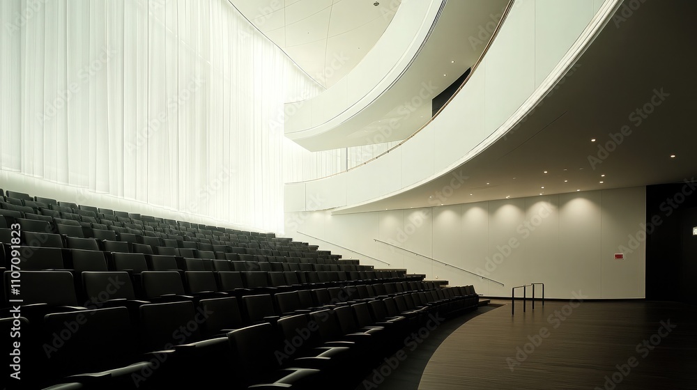 Poster modern auditorium interior with curved architecture and natural light streaming through large window