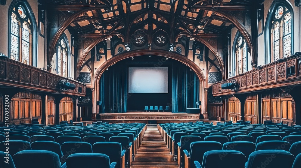 Aufkleber elegant auditorium with wooden architecture and stage, featuring empty seating and a projector scree