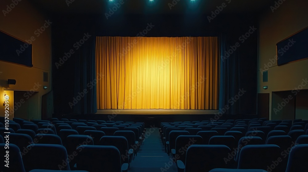 Poster empty theater stage with illuminated curtains, ready for a performance with rows of seats awaiting a