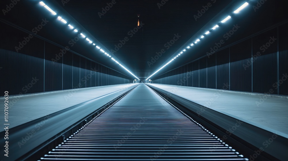 Poster futuristic train station with striking illuminated perspective, emphasizing depth and modern archite