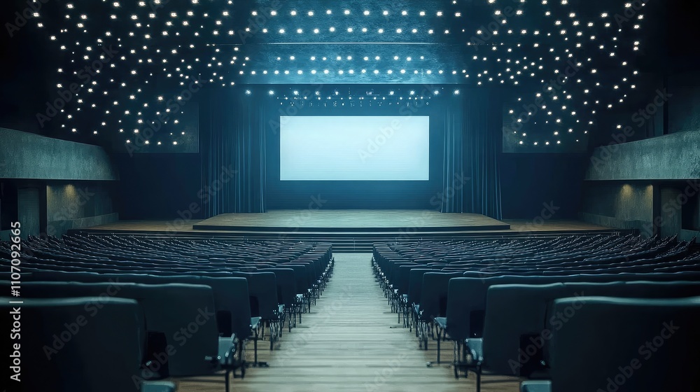 Poster dramatic view of an empty auditorium featuring starlit ceiling and projection screen ready for event