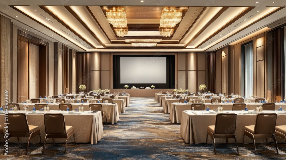 Poster elegant conference hall set for a professional event with neatly arranged tables, comfortable chairs