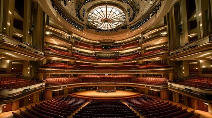 Obraz premium Stunning Interior View of a Grand Concert Hall with Elegant Lighting and Plush Seating, Ideal for Music Events, Performances, and Cultural Gatherings